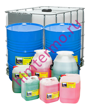 Хладо-Теплоносители для систем холодоснабжения и отопления на основе этиленгликоля (концентрация от 30% и до 65%) и на основе пропиленгликоля (концентрация от 31% и до 55%), серий "Теплый Дом" и "Теплый Дом ЭКО",  в бочках по 225 кг, в бидонах 50 кг и в канистрах 20 кг - компания "ХИМТЕРМО"